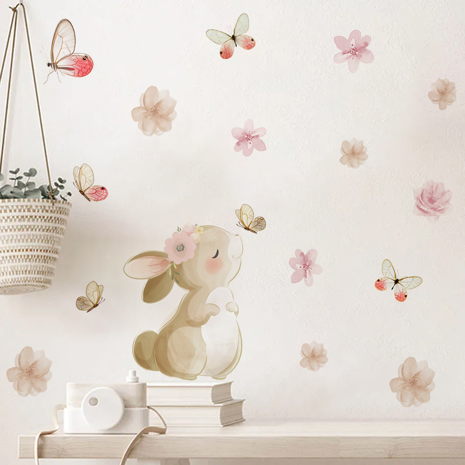 Baby Nursery Decor Girl - การ์ตูนกระต่ายดอกไม้ผีเสื้อสติ๊กเกอร์ติดผนังเด็กเนอสเซอรี่ห้องพักหญิงเด็กห้องนอนห้องนั่งเล่น Art Home ตกแต่งรูปลอก