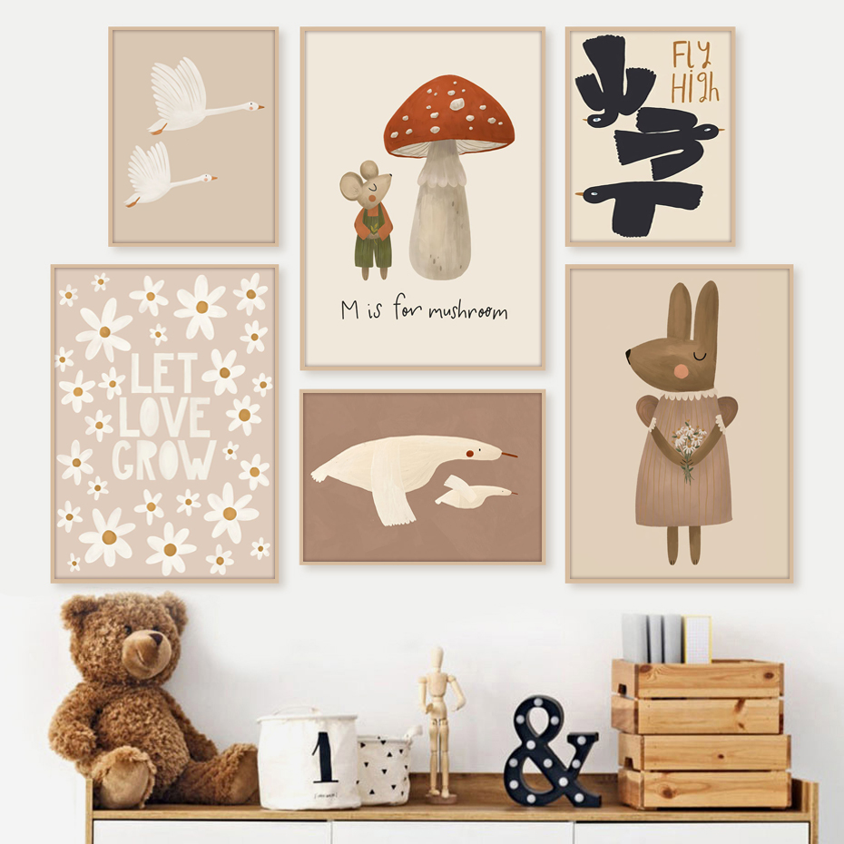 Baby Nursery Frames - Boho โปสเตอร์การ์ตูนรูปหนูและห่านกระต่ายภาพวาดผ้าใบศิลปะบนผนังโปสเตอร์นอร์ดิกย้อนยุคภาพติดผนังของตกแต่งห้องเด็กเล็ก