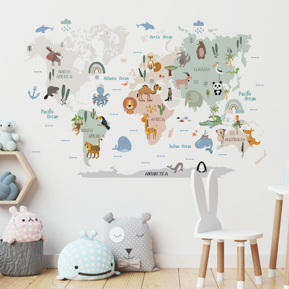 Baby Nursery Decor Girl - สีน้ําการ์ตูน World แผนที่สติ๊กเกอร์ติดผนังสัตว์สัตว์ป่าเด็กไวนิล Nursery Art Decals